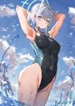  1girl animal_ears armpits arms_up blue_archive blue_sky blush breasts competition_swimsuit covered_navel cross_hair_ornament earrings grey_hair groin hair_ornament highleg highleg_swimsuit highres jewelry looking_at_viewer medium_breasts official_alternate_costume one-piece_swimsuit outdoors ponytail shiroko_(blue_archive) shiroko_(swimsuit)_(blue_archive) sideways_glance sky solo splashing stud_earrings swimsuit the_olphy two-tone_one-piece_swimsuit wading water_drop wolf_ears 