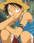  1boy armlet bandaid bandaid_on_face bandaid_on_forehead bare_shoulders black_eyes black_hair blue_skirt closed_mouth commentary_request elbow_rest hand_on_own_cheek hand_on_own_face hat highres leaf looking_to_the_side male_focus monkey_d._luffy one_piece outdoors plant red_shorts scar scar_on_cheek scar_on_face shirt shorts skirt sleeveless sleeveless_shirt solo straw_hat urasanmyaku 