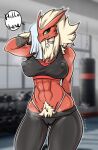  2023 abs absurd_res anthro blaziken blue_eyes bodily_fluids breasts camel_toe clothing english_text female generation_3_pokemon greeting gym_clothing hair hi_res nintendo nipple_outline pokemon pokemon_(species) pubes red_body solo sweat text yellow_sclera zzvinniezz 
