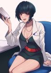  1girl absurdres belt black_choker black_dress black_hair blueriest bob_cut book breasts brown_eyes chair choker cleavage collarbone desk doctor dress elbow_rest english_commentary highres holding holding_book jewelry lab_coat looking_at_viewer medium_breasts necklace open_mouth pendant persona persona_5 red_belt red_nails short_dress short_hair sitting solo studded_choker takemi_tae taut_clothes taut_dress thighs v-shaped_eyebrows 