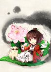  1boy :o absurdres alpaca bamboo_print brown_eyes brown_hair chibi chinese_clothes chinese_hairpin coat flower full_body gyaza hair_bun hanfu highres holding_calligraphy_brush ink looking_at_viewer lotus lotus_leaf paper pink_flower ponytail red_coat short_hair solo white_footwear xiahou_jinxuan xianjian_qixia_zhuan xianjian_qixia_zhuan_5_qianzhuan 