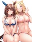 2girls ;) admire_vega_(umamusume) animal_ears bare_shoulders bikini blonde_hair blue_bikini blush breasts brown_hair cleavage closed_mouth collarbone commentary_request ear_covers floral_print hair_between_eyes hand_up horse_ears horse_girl horse_tail jewelry long_hair looking_at_viewer low_ponytail medium_breasts multiple_girls narita_top_road_(umamusume) navel necklace one_eye_closed parted_bangs pink_bikini ponytail purple_eyes red_hayao short_hair sidelocks simple_background single_ear_cover sitting smile stomach swimsuit tail umamusume white_background 