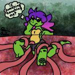  1:1 anthro female gradient_hair green_body green_scales green_spots hair hole_(pit) lizard messy_hair multicolored_body oblivious pants_only pink_hair purple_hair queen_susie reptile scales scalie scar signature simple_background solo spots stuck stuck_in_ground tail tentacle_pit tentacle_trap tentacles tentacles_around_legs tentacles_in_clothing text thick_tail thought_bubble trixie_(queen_susie) two_tone_body unawareacles underbelly yellow_underbelly 