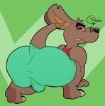  anthro big_butt black_eyes bottomwear brown_body brown_fur bulge butt clothing d0ncassidy digital_media_(artwork) english_text fur green_background green_bottomwear green_clothing green_shorts half-closed_eyes kangaroo long_ears looking_back macropod male mammal marsupial narrowed_eyes notched_ear on_ground red_clothing red_shirt red_tank_top red_topwear shirt shorts simple_background solo speech_bubble tail tank_top teeth text thick_thighs topwear 