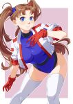  1girl 34_(sanjushi) athletic_leotard blue_eyes breasts brown_hair cropped_jacket gloves hand_on_own_chest highres jacket large_breasts leaning_forward legs_apart leotard long_hair looking_at_viewer numan_athletics red_gloves red_leotard sharon_les_halles short_sleeves smile solo thighhighs thighs twintails white_jacket white_thighhighs 