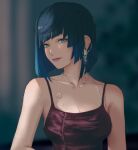  1girl aqua_eyes bangs bare_shoulders blue_hair blunt_ends blurry blurry_background breasts closed_mouth collarbone diagonal_bangs earrings english_commentary eyeshadow genshin_impact highres jewelry large_breasts lips looking_at_viewer makeup mole mole_on_breast necklace pink_eyeshadow purple_shirt renw418 shirt short_hair sleeveless sleeveless_shirt smile solo t-shirt yelan_(genshin_impact) 