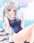  1girl animal_ear_fluff animal_ears black_one-piece_swimsuit blue_archive blue_eyes blue_sky breasts cloud commentary competition_swimsuit covered_navel cowboy_shot cross_hair_ornament day extra_ears grey_hair hair_ornament halo jacket looking_at_viewer low_ponytail medium_breasts medium_hair minakami_rinka mismatched_pupils multicolored_clothes multicolored_swimsuit one-piece_swimsuit open_clothes open_jacket outdoors shiroko_(blue_archive) shiroko_(swimsuit)_(blue_archive) sky solo swimsuit white_jacket wolf_ears 