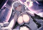  1girl azur_lane blush breasts bright_pupils chandelier cleavage commentary_request copyright elbow_gloves falling_feathers feathers frills gloves hair_ornament hand_on_own_chest highres indoors kat_(bu-kunn) large_breasts long_hair looking_at_viewer official_art parted_lips red_eyes scylla_(azur_lane) smile solo white_gloves white_hair white_pupils 