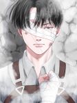  1boy absurdres artist_request bandage_over_one_eye black_eyes black_hair chest_belt collared_shirt highres levi_(shingeki_no_kyojin) looking_at_viewer male_focus salute shingeki_no_kyojin shirt short_hair solo stitches straight-on tears_from_one_eye upper_body 