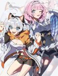  2girls :d ;d ahoge arm_behind_head arm_up belt belt_buckle black_shorts black_skirt blue_eyes breasts brown_thighhighs buckle cleavage commentary elysia_(honkai_impact) fang grey_background grey_eyes grey_hair grey_hairband grey_jacket hair_between_eyes hairband hand_up hands_up highres honkai_(series) honkai_impact_3rd jacket kiana_kaslana long_hair long_sleeves looking_at_viewer medium_breasts multiple_girls one_eye_closed open_clothes open_jacket orange_belt pink_hair pointy_ears puffy_long_sleeves puffy_sleeves shirt short_shorts shorts simple_background skirt sleeves_past_wrists smile standing standing_on_one_leg thighhighs uehara_suiyo very_long_hair white_shirt zoom_layer 