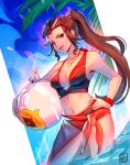  1girl 1other absurdres ai_the_somnium_files aiba_(ai_the_somnium_files) alina_l alternate_costume ball beachball bikini breasts brown_eyes brown_hair cleavage commentary creature eyewear_on_head grin hand_on_own_hip highres holding holding_ball holding_beachball jewelry kuranushi_shizue long_hair looking_at_viewer medium_breasts navel necklace partially_submerged ponytail sarong signature smile sunglasses swimsuit twitter_username water 