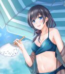  1girl absurdres awazake_(2wairu) black_hair blue_eyes blue_sky blush breasts cloud commentary day hand_fan highres midriff navel open_mouth original paper_fan revision scrunchie side_ponytail sky smile swimsuit teeth uchiwa umbrella 