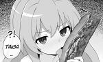  !? 1girl aisaka_taiga blush commentary english_commentary english_text fellatio greyscale licking long_hair looking_at_viewer mikoscrub monochrome oral phallic_symbol photo_inset portrait sandwiched sexually_suggestive simulated_fellatio solo sound_effects speech_bubble tongue tongue_out toradora! 