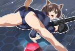  1girl animal_ears ass blue_one-piece_swimsuit blush bouncing_ass brave_witches brown_eyes brown_hair gun hair_ornament hairclip hosoinogarou karibuchi_hikari looking_at_viewer looking_back military military_uniform neuroi one-piece_swimsuit open_mouth rifle shiny_skin short_hair solo spread_legs squirrel_ears squirrel_tail swimsuit tail uniform weapon world_witches_series 