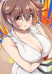  1girl :&lt; alternate_breast_size animal_ears breast_hold breasts brown_eyes brown_hair cleavage commentary_request cosplay crossed_arms dog_ears dog_girl dog_tail dougi eyes_visible_through_hair frown headband highres hololive inugami_korone large_breasts long_hair ponytail red_headband ryu_(street_fighter) ryu_(street_fighter)_(cosplay) sabaku_chitai solo street_fighter tail torn_clothes upper_body v-shaped_eyebrows virtual_youtuber 