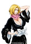  1girl absurdres black_kimono bleach bleach:_the_thousand-year_blood_war blonde_hair blue_eyes breasts cleavage english_commentary hand_in_own_hair highres japanese_clothes kimono large_breasts looking_at_viewer matsumoto_rangiku official_alternate_hair_length official_alternate_hairstyle parted_lips pink_scarf rakusakugk sash scarf short_hair smile solo twitter_username white_background white_sash wide_sleeves 
