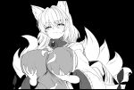  1girl animal_ears black_background blue_tabard blush breasts fox_ears fox_girl fox_tail greyscale highres large_breasts looking_at_viewer mizuga monochrome multiple_tails solo tabard tail touhou trigram yakumo_ran 