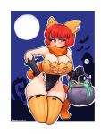 1girl aronnecroman bat_(animal) black_gloves black_leotard bow breasts bright_pupils candy cleavage food full_moon gloves hair_bow halloween_costume highres large_breasts leotard looking_at_viewer moon orange_bow orange_scarf orange_theme outdoors outline red_eyes scarf sekibanki solo touhou twitter_username white_outline white_pupils 