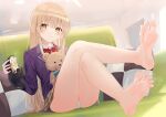  bare_legs barefoot blonde_hair blush crossed_legs cum cum_in_footwear feet foot_focus kou_futoshi otonari_no_tenshi-sama_ni_itsu_no_mani_ka_dame_ningen_ni_sarete_ita_ken panties pillow school_uniform shiina_mahiru_(otonari_no_tenshi-sama) skirt soles stuffed_animal stuffed_toy sweat teddy_bear underwear uniform white_panties yellow_eyes 