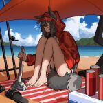  1girl animal_ears arknights beach beach_towel beach_umbrella black_footwear black_one-piece_swimsuit blue_sky can cloud cooler ears_through_headwear fish fishing_rod grey_hair hair_between_eyes highres holding holding_knife hood hood_up hooded_jacket impaled jacket knees_up knife long_sleeves looking_afar nail_polish ocean one-piece_swimsuit outdoors planted planted_umbrella projekt_red_(arknights) projekt_red_(light_breeze)_(arknights) red_jacket red_nails sand sandals sandals_removed sitting sky sleep_bubble solo swimsuit tail toenail_polish toenails towel umbrella water wolf_ears wolf_girl wolf_tail yellow_eyes yuec202108 