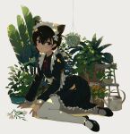  1girl absurdres animal_ear_fluff animal_ears apron black_footwear black_hair blush cat_ears cat_girl chair collared_dress commentary_request dress flower frilled_dress frills full_body grey_eyes hair_between_eyes hanging_plant highres kgt_(pixiv12957613) long_sleeves looking_at_viewer maid maid_apron maid_headdress mary_janes neck_ribbon one_side_up original pantyhose parted_lips partial_commentary plant potted_plant puffy_long_sleeves puffy_sleeves red_ribbon revision ribbon shoes short_hair signature simple_background solo watering_can white_background white_flower white_pantyhose 