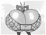  anthro bandai_namco big_breasts borisalien breasts clothing digimon digimon_(species) examon female fishnet fishnet_clothing fishnet_topwear hands_behind_head hi_res horn huge_breasts hyper hyper_breasts looking_at_viewer monochrome nipples smile solo topwear 