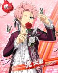  1boy ahoge bug butterfly butterfly_on_hand card_(medium) character_name fingernails flower frilled_sleeves frills holding holding_flower idolmaster idolmaster_side-m kabuto_daigo long_sleeves male_focus official_art one_eye_closed pink_background pink_hair red_flower red_rose rose solo white_flower 