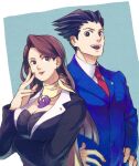  1boy 1girl :d ace_attorney black_eyes black_hair black_jacket blue_background blue_jacket blunt_ends breast_pocket breasts brown_eyes brown_hair buttons cleavage collared_shirt crossed_arms earrings hand_on_own_face hand_up hands_on_own_hips jacket jewelry lapel_pin lapels long_hair looking_at_viewer magatama magatama_necklace mia_fey necklace necktie phoenix_wright pocket red_necktie scarf shino_(shino_dgs) shirt short_hair smile spiked_hair swept_bangs upper_body white_shirt yellow_scarf 