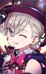  1boy :p black_gloves blonde_hair bow bowtie card facial_mark genshin_impact gloves hat long_sleeves lyney_(genshin_impact) male_focus miryoryo9 one_eye_closed purple_eyes short_hair smile solo teardrop_facial_mark tongue tongue_out top_hat 