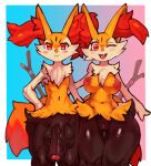  anthro areola balls blush braixen breasts canid canine duo female fur generation_6_pokemon genitals hi_res inner_ear_fluff looking_at_viewer male mammal nintendo nipples nude omikuro penis pokemon pokemon_(species) pussy smile tuft white_body yellow_body yellow_fur 