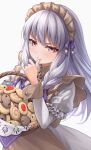  1girl :t apron braid commentary_request cookie dress fire_emblem fire_emblem:_three_houses fire_emblem_heroes food grey_apron grey_background grey_hair hand_up juliet_sleeves long_hair long_sleeves looking_at_viewer lysithea_von_ordelia maid maid_headdress official_alternate_costume official_alternate_hairstyle puffy_sleeves purple_eyes simple_background solo ten_(tenchan_man) upper_body white_dress 