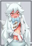  1girl animal_ears arctic_fox_(kemono_friends) blue_bow blue_bowtie blush bow bowtie brown_eyes cape_lift capelet clothes_lift flat_chest fox_ears fox_girl fox_tail hair_between_eyes highres kemono_friends lifted_by_self long_hair looking_at_viewer midriff navel nipple_slip nipples no_bra open_clothes open_shirt shirt sidelocks skirt solo sweat tail tanne unbuttoned white_capelet white_hair white_shirt 