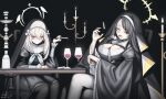  2girls alcohol black_hair blue_archive breasts candle candlestand chair cigarette cigarette_pack cleavage_cutout clothing_cutout coughing crossed_bangs crossed_legs cup drinking_glass grey_hair habit halo highres hinata_(blue_archive) holding holding_cigarette large_breasts long_hair looking_at_viewer multiple_girls nun purple_eyes sakurako_(blue_archive) sitting smoking table vialle wine wine_glass 