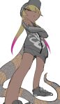 1girl bare_legs baseball_bat black_footwear black_shorts blonde_hair cardigan closed_mouth crossed_arms dark-skinned_female dark_skin eyelashes flat_color from_below half-closed_eye highres igarashi_(nogiheta) kemono_friends kemono_friends_3 king_cobra_(kemono_friends) long_hair long_sleeves long_tail looking_at_viewer multicolored_eyes multicolored_hair official_alternate_costume pink_hair red_eyes shoes short_shorts shorts simple_background snake_tail solo standing standing_on_one_leg tail twintails two-tone_hair white_background yellow_eyes zipper 