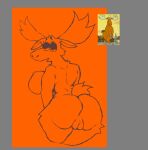  anthro antlers becky_(johnny_bravo) big_breasts big_butt black_eyes breasts butt capreoline deer eyelashes female fur_ghost genitals grey_background hi_res horn johnny_bravo_(series) mammal moose nude open_mouth orange_background plump_labia pussy rear_view simple_background solo thick_thighs wide_hips 