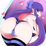  1girl ass bikini black_bikini blue_bikini blue_bow blue_eyes blunt_bangs bow breasts cameltoe colored_inner_hair commentary_request curvy hair_bow haseru_(ginku_mh) heart huge_breasts long_hair looking_at_viewer looking_back multicolored_hair panty_&amp;_stocking_with_garterbelt pink_hair pointy_ears purple_background purple_hair solo stocking_(psg) striped striped_bikini swimsuit two-tone_hair 