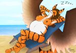  anthro avian beach belly big_belly european_mythology eye_scar facial_scar felid female fur gamal greek_mythology harpy hybrid mammal maolin mythological_avian mythology nipples nude pantherine pregnant pregnant_female scar seaside sleeping solo striped_body striped_fur stripes tiger wings 