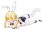  1girl animal_ears armband ass bare_shoulders black_bow black_bowtie black_footwear black_leotard blonde_hair blue_archive blue_eyes bow bowtie breasts bunny_girl_guard_(sr)_(blue_archive) chuo8008 cleavage detached_collar fake_animal_ears gagged garter_straps hair_tie halo high_heels highres kamina_shades korean_commentary leotard long_hair medium_breasts pantyhose playboy_bunny rabbit_ears shoes simple_background single_shoe tears thigh_strap tinted_eyewear twintails white_background white_bow white_pantyhose wrist_cuffs yellow-tinted_eyewear 