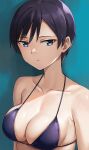  1girl bikini black_bikini black_hair blue_eyes blue_hair breasts closed_mouth collarbone commentary_request expressionless hashi looking_at_viewer medium_breasts original short_hair simple_background solo swept_bangs swimsuit tomboy veins veiny_breasts 