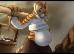  2022 absurd_res anthro artist_name bahnbahn_(artist) belly belly_overhang big_belly blurred_background bottomwear brown_body brown_fur bucket clothed clothing colored container digital_media_(artwork) dreamworks felid female fur hi_res kung_fu_panda letterbox mammal master_tigress midriff navel orange_body orange_fur outie_navel pantherine pregnant shaded smile solo standing striped_body striped_fur stripes thick_thighs tiger topwear whiskers white_body white_eyes white_fur wide_hips yellow_sclera 