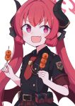  1girl aki_inu black_horns black_ribbon blue_archive dango fang food hair_ribbon halo holding holding_food horns junko_(blue_archive) long_hair mitarashi_dango necktie open_mouth pink_eyes pointy_ears red_hair red_necktie red_wings ribbon short_sleeves sidelocks simple_background skin_fang solo twintails very_long_hair wagashi white_background wings 