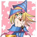  1girl :d bare_shoulders blonde_hair blue_dress blue_headwear breasts cleavage collarbone commentary_request dark_magician_girl dress duel_monster green_eyes hair_between_eyes highres long_hair looking_at_viewer medium_breasts muu_(mumumer) off-shoulder_dress off_shoulder outline pentagram pink_background smile solo starry_background two-tone_background white_background white_outline yu-gi-oh! 