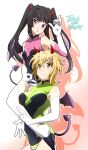  2girls akatsuki_kirika black_hair blonde_hair blush breasts closed_mouth commentary_request demon_girl demon_horns demon_wings elbow_gloves fake_horns fake_tail fake_wings gloves green_hair hair_ornament highres horns large_breasts leotard long_hair looking_at_another looking_at_viewer multiple_girls open_mouth pink_eyes senki_zesshou_symphogear short_hair small_breasts tail tanashi_(mk2) tsukuyomi_shirabe twintails wings x_hair_ornament 