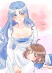  :3 blue_eyes blue_hair blue_skirt blush breasts brown_hair closed_eyes closed_mouth dress huge_breasts long_hair madou_monogatari puyopuyo ri25to rulue_(puyopuyo) short_hair skirt smile white_dress 