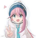  1girl :d beanie blue_eyes blue_headwear blue_jacket core_(mayomayo) dot_nose down_jacket hair_between_eyes hat highres hood hood_down hooded_jacket jacket kagamihara_nadeshiko layered_clothes long_hair looking_at_viewer open_clothes open_jacket open_mouth outstretched_arm pink_hair shirt sidelocks signature simple_background smile solo straight-on upper_body v white_background white_jacket white_shirt yurucamp 