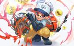  1boy artist_name baseball_cap boots commentary fish_bone gloves golden_egg green_footwear green_gloves hat inkling inkling_boy jinkobanana looking_at_viewer orange_overalls overalls paint print_headwear red_eyes rubber_boots rubber_gloves salmon_run_(splatoon) shirt sloshing_machine_(splatoon) smile solo splatoon_(series) symbol-only_commentary teeth white_background white_shirt 