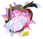  anthro breasts cleavage clothed clothing feathers female flintlock flintlock_pistol floppy_ears fur grin gun hair lagomorph leporid mammal nipple_outline petunia_bund pink_body pink_fur pink_hair pirate pirate_hat pirate_outfit purple_eyes rabbit ranged_weapon smile solo sourmagic tongue tongue_out weapon 