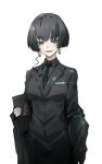  1girl absurdres allmind_(armored_core_6) armored_core armored_core_6 black_hair black_necktie black_suit blue_eyes bob_cut breasts business_suit earrings formal highres jewelry las91214 looking_at_viewer mole mole_under_eye necktie personification shiny_skin short_hair simple_background skirt skirt_suit smile solo suit white_background 