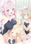  3girls :d alternate_costume animal_ear_fluff animal_ears arm_up bare_arms bare_shoulders black_one-piece_swimsuit blonde_hair blue_archive blush breast_rest breasts breasts_on_head closed_mouth commentary_request flower flower_on_liquid forehead fox_ears grey_hair hair_between_eyes hair_bun hair_intakes halo highres indoors kani_biimu large_breasts looking_at_viewer mika_(blue_archive) multiple_girls nagisa_(blue_archive) one-piece_swimsuit one_eye_closed parted_lips partially_submerged petals petals_on_liquid purple_eyes red_flower seia_(blue_archive) single_side_bun smile swimsuit v water window yellow_eyes 
