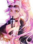  1girl animal_ear_fluff animal_ears black_jacket blush bow breasts bubble_tea bubble_tea_challenge choker cleavage crossed_arms drinking_straw eyewear_on_head fate/grand_order fate_(series) fox_ears fox_girl fox_tail fumizuki_kazuhito hair_between_eyes hair_bow highres jacket jacket_on_shoulders koyanskaya_(assassin)_(first_ascension)_(fate) koyanskaya_(fate) large_breasts long_hair looking_at_viewer object_on_breast pink_bow pink_hair ponytail sidelocks sunglasses tail tamamo_(fate) yellow_eyes 